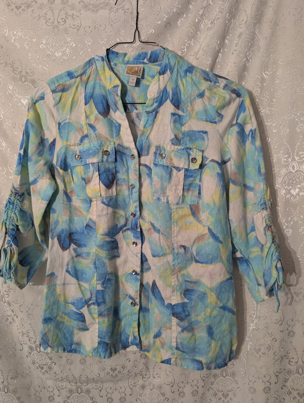 JM Collection 100% Linen Watercolor Floral Blouse Ruched 3/4 Sleeve